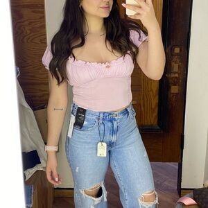 Urban Outfitters Pink off shoulder crop top with rose buds